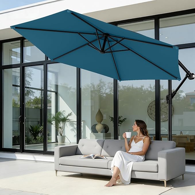 AreShark 10FT Patio Outdoor Umbrella, Offset Patio Umbrella Cantilever Umbrella, 6 Sturdy Ribs, Easy Adjustment for Garden Market Pool with Cross Base (Lake Blue)