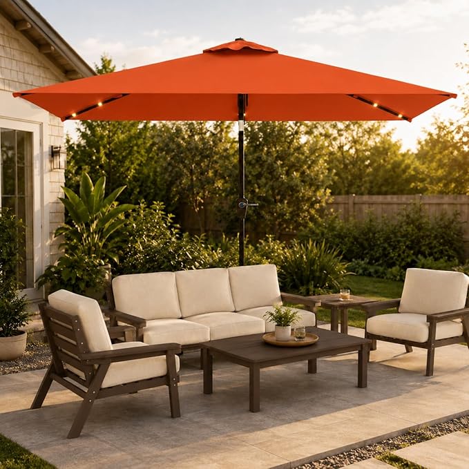 6.5 x 10ft Rectangular Patio Umbrella with Solar Lights, 16 LED Lighted Market Umbrella with Push-Button Tilt and Crank, 6 Sturdy Iron Ribs for Garden, Deck, Pool, Terracotta