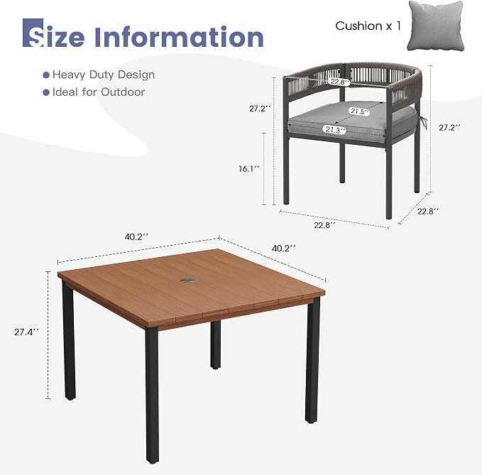 VICLLAX Patio Dining Set, 40.2" Walnut Table & 4 Chairs with Grey Cushion | Outdoor Table and Chairs Set of Square Metal Patio Table, Outdoor Dining Chairs with Metal Frame, Garden Deck Porch