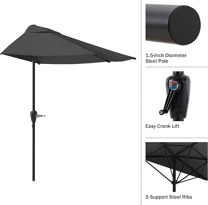 Half Umbrella Outdoor Patio Shade - 9 ft Patio Umbrella with Easy Crank - Small Canopy for Balcony, Table, or Deck by Pure Garden (Gray)