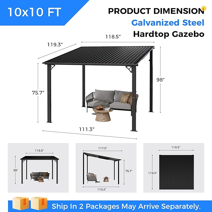 AirWire 10'x10' Lean to Gazebo, Hardtop Pergola with Metal Roof, Wall Mounted Heavy Duty Canopy Awning for Backyard, Deck and More