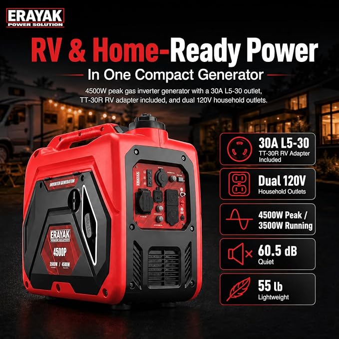 ERAYAK 4500W Portable Inverter Generator for Home Use, Super Quiet Small Generator for Camping Outdoor Emergency Power Backup, Gas Powered Engine, ECO Mode, EPA Compliant