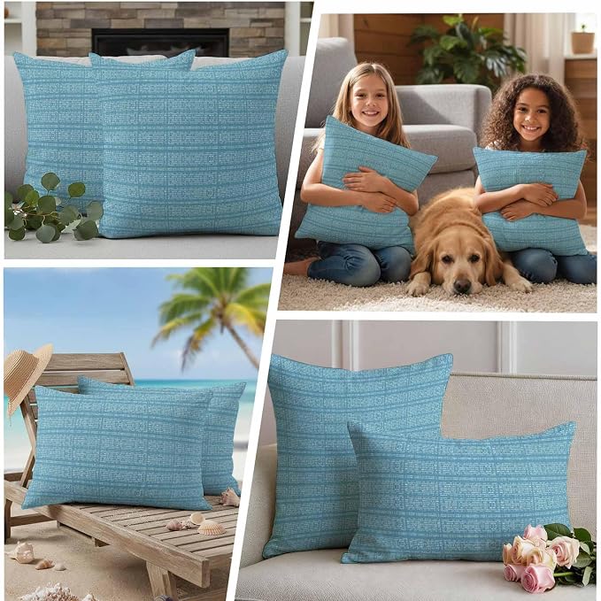 Outdoor Waterproof Throw Pillow Covers Set of 2 Teal Stripes Grain Pillowcases 20x20 Inches Solid Color Decorative Pillows Cushion Case Patio Pillows for Couch Bed Chair Garden