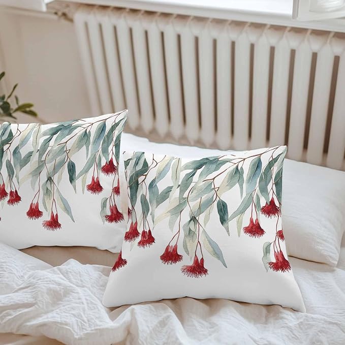 Red Floral Leaves Waterproof Outdoor Pillow Covers Set of 2 Home Decor, Pastoral Rustic Botanical Flowers Pillowcase Patio Pillow Covers for Couch Bench Furniture Garden 18x18in