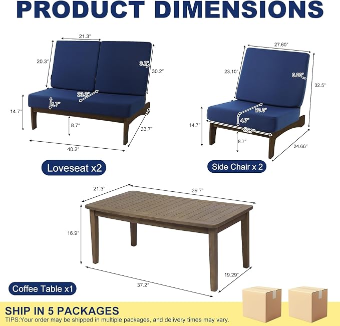Pia Ricoo 4 Piece Patio Furniture Sets, Outdoor Loveseat Sofa Set with 2 Chairs & Coffee Table, Patio Conversation Set for Backyard, Deck, Lawn, Navy