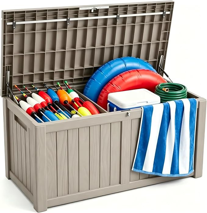 150 Gallon Resin Outdoor Storage Box for Garden Tools, Pool Supplies & Patio Cushions – Waterproof & UV-Resistant, Durable Material – Lockable (Brown)