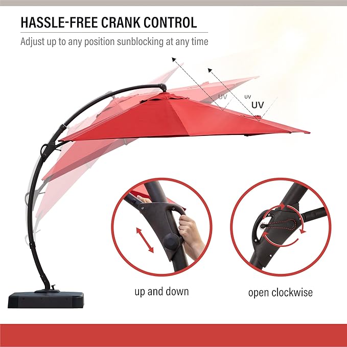 LAUSAINT HOME 11ft Patio Cantilever Umbrella with Base Included, Outdoor Curvy Round Offset Umbrella, Heavy Duty Aluminum, 360° Rotation for Pool, Deck, Lawn, Backyard (Red)
