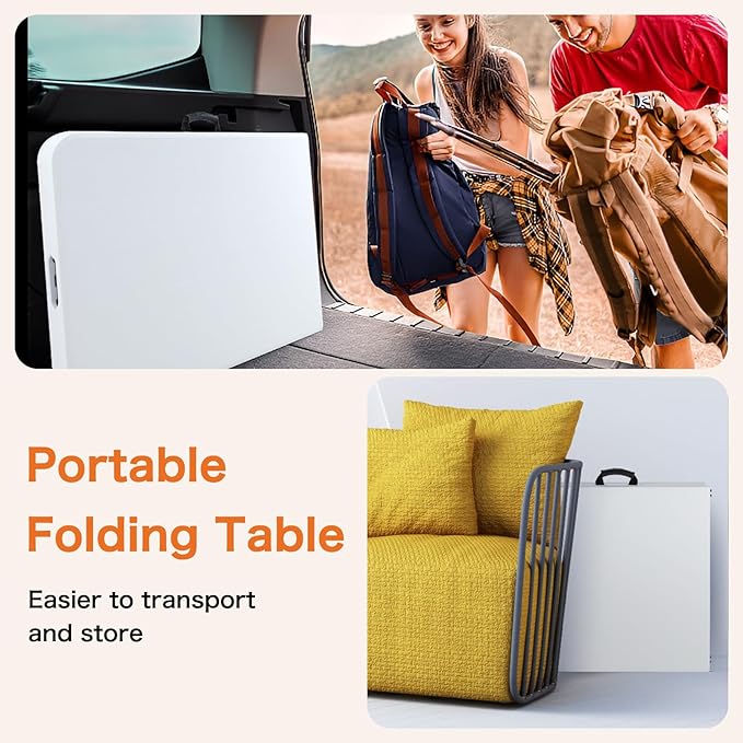 Sweetcrispy 4 FT Folding Picnic Table 2 Pack, Easy to Fold and Store, Foldable Table for Camping Picnic Dining Party Kitchen Outdoor Indoor with Carrying Handle