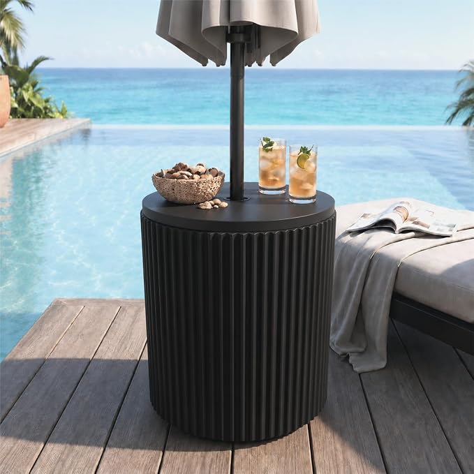 SUNBURY Umbrella Side Table, Outdoor Patio Table with Umbrella Hole for Porch, Round Base Outdoor Garden Stand for Modern Coffee, Picnic or Poolside Table, Easy Assembly, Black