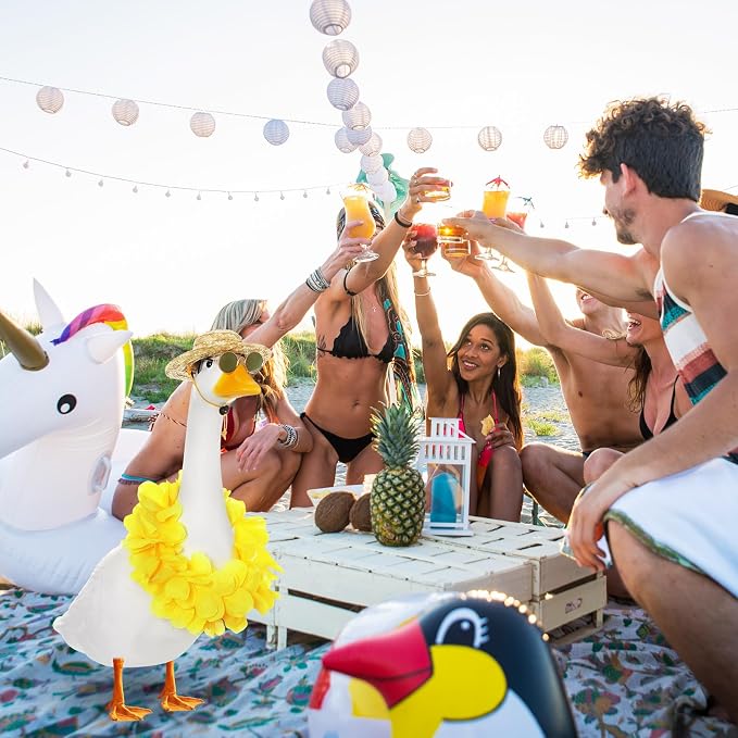 Shyyween Summer Porch Goose Outfits for Plastic Goose 23/17'' Hawaiian Lawn Patio Statue Clothes Straw Hat and Hawaiian Lei Costume(Yellow)