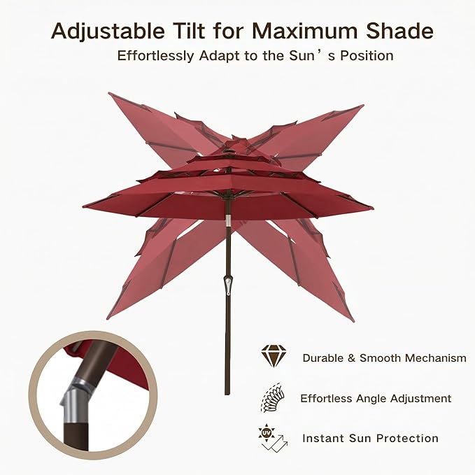 Kingdura 9ft 3-Tier Patio Umbrella, Outdoor Table Umbrella with Easy Crank & Tilt, 8 Reinforced Ribs, UV Protection for Deck, Pool, Market, Backyard (Red)