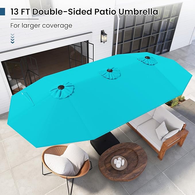 Tangkula 13FT Double-Sided Solar Patio Umbrella, Extra-Large Outdoor Twin Umbrella with 36 LED Lights, Vented Top, Crank Handle, 12 Ribs, Weighted Base Included for Backyard Poolside Deck (Turquoise)