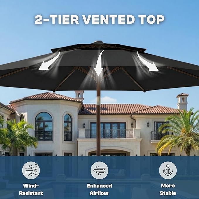 Outdoor Patio Umbrella, 2 Tiers Market Table Umbrella with 8 Sturdy Ribs, Push Button Tilt and Crank, UPF50+ UV Protection for Deck, Pool, Garden and Backyard