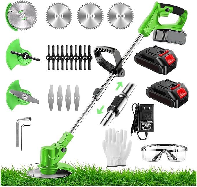 Electric Weed Wacker 21V Brush Cutters Battery Powered 3 in 1 Lightweight Weed Wacker Eater with Blade Adjustable Pole Cordless Grass Trimmer with 2 * 2.0Ah Batteries and Charger for Garden Yard Green