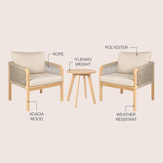 JONATHAN Y LVG1204A-3SET Aveiro 3-Piece Modern Bohemian Roped Corner Acacia Wood Conversation Outdoor Patio Set with Cushions for Patio, Garden, Lawn, Backyard, Deck, Beige/Light Teak