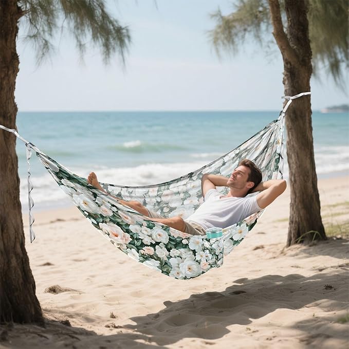 Camping Hammock Outdoor Hammocks for Outside White Camellia Flower Beach Trees Portable Lightweight with Pockets Tree Straps Indoor