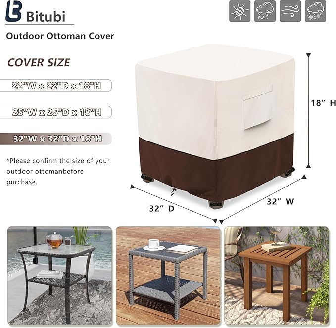 Bitubi Waterproof Patio Ottoman Cover, Heavy Duty Square Outdoor Side Table Furniture Covers Size 32L x 32W x 18H inch (Brown)