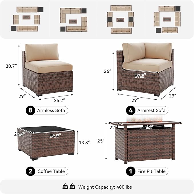 LazySunsets 15-Piece Patio Furniture Set with 44" Fire Pit Table, Wicker Outdoor Furniture, Patio Conversation Sets with Coffee Table, Outdoor Sectional Couch with Waterproof Cover, Beige
