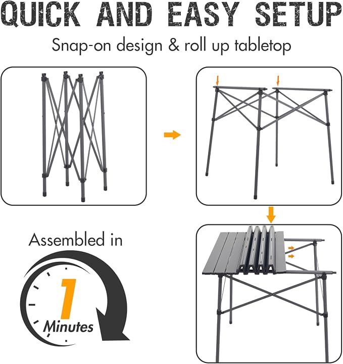Portal Lightweight Aluminum Folding Square Table Roll Up Top 4 People Compact Table with Carry Bag for Camping, Picnic, Backyards, BBQ, Dark Gray