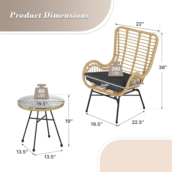 Athena Collection Patio Bistro Sets, 3 Piece All Weather Furniture Set Outdoor Conversation Set Glass Table and Rattan Chairs Set with Soft Cushions for Garden, Poolside, Backyard, Black