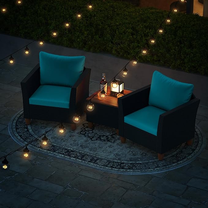 HAPPYGRILL 3 Pieces Patio Conversation Set with Storage Coffee Table, PE Rattan Wicker Patio Furniture Set with Cushions, Outdoor Acacia Wood Sofa Set for Balcony Backyard Porch Garden