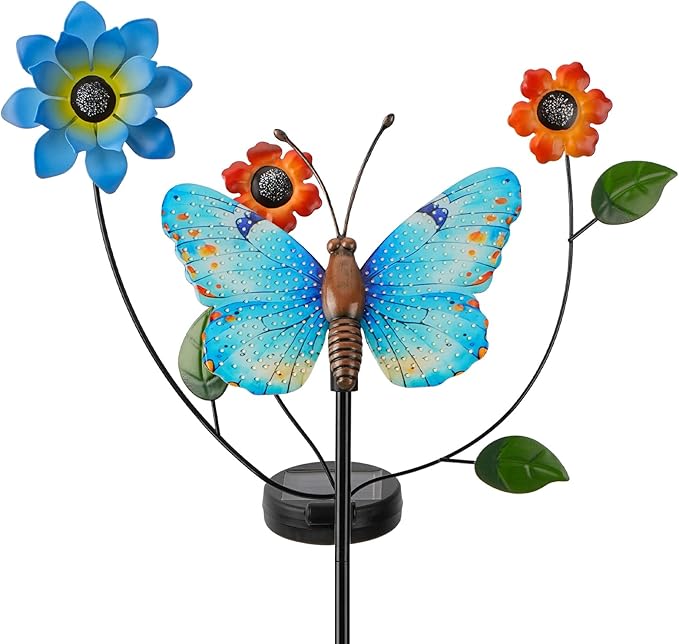 Solar Butterfly Garden Lights, 2 Lighting Modes, Colorful LED with Flower & Butterfly Decor, Waterproof Solar Stake Lights for Garden Yard Patio Lawn Pathway (Blue)