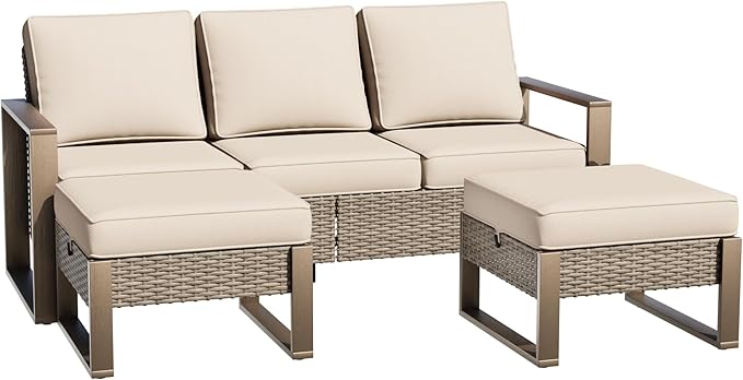 Wicker Patio 75" Sofa Set with Two Ottomans, All Weather Rattan Outdoor Conversation Furniture Set with Wood-Looking Metal Armrest for Deck Backyard Porch, Beige