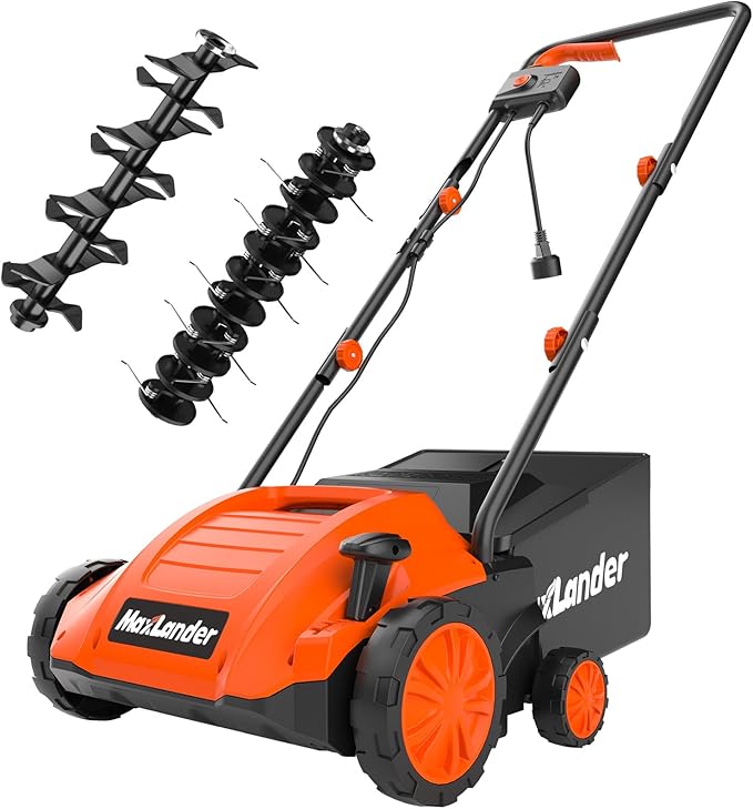 MAXLANDER 13 Inch 12 Amp Electric Dethatcher and Scarifier, 2-in-1 Lawn Dethatcher with 4-Position Depth Adjustment, 30L Removable Collection Bag, Airboost Technology Increases Lawn Health
