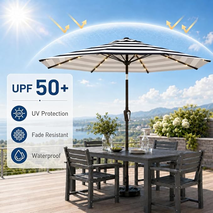 10FT Solar Patio Umbrella with Lights, Outdoor Table Market Umbrella with 32 LED Lights, 8 Sturdy Ribs, Push Button Tilt and Crank for Pool, Deck and Garden, UV-Resistant