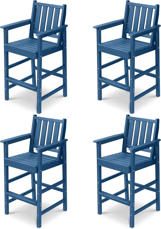Adirondack Chairs Set of 4, All Weather HDPE Counter Height Bar Chair with Wide Armrests & Footrest, Heavy-Duty Outdoor Bar Height Barstools Set for Patio, Balcony, Pool, Backyard, Blue
