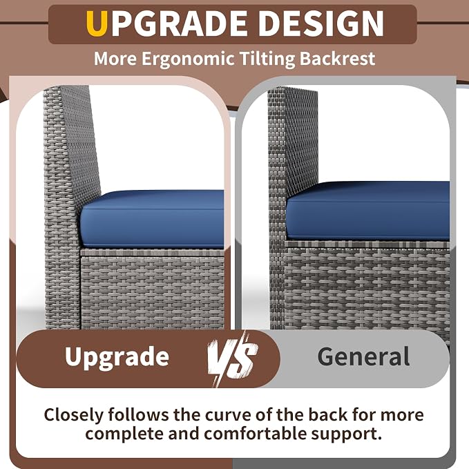 Outdoor Patio Furniture Set, 8‘’ Wide armrest Outdoor Sectional Rattan Sofa Set, Wicker Patio Furniture Sets w/Coffee Table,Thick Cushions and Cover for Porch, Balcony,8 PCS(Grey&Navy)