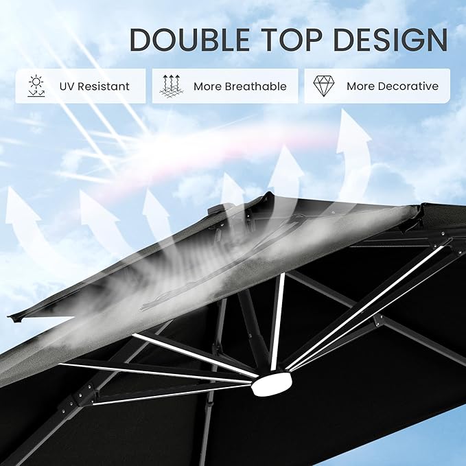 10x10 FT Cantilever Patio Umbrella with Led Lights Double Top Outdoor Square Large Heavy Duty Aluminum Offset Umbrellas with 7 Level Tilt 360-degree Rotation for Pool Garden Deck, Black