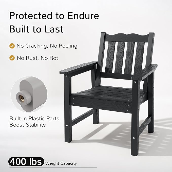 Stoog All-Weather Outdoor Chairs, Patio Dining Chair with Curved Backrest, 400 lbs Support Patio Chair, Black