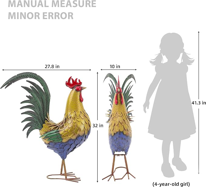 32 in Metal Rooster Statue, Farmhouse Yard & Garden Decor | Hand-painted Metal Finish, Oversized, Chicken Decor for Patio, Kitchen, Garden