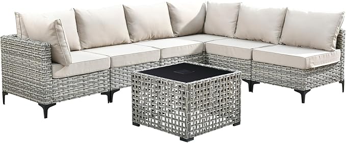 Outdoor Patio Furniture Sets,7 PCS Patio Conversation Set Outside Rattan Sectional Sofa with Coffee Table Fit Backyard Porch Garden Poolside Balcony