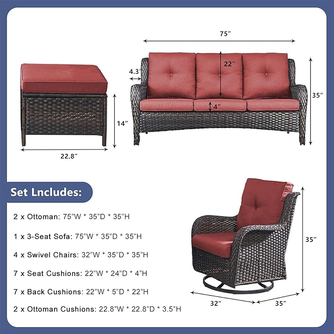 Rilyson Patio Furniture Swivel Chairs Set - 7 Piece Wicker Rattan Outdoor Sectional Conversation Sets with 4 Swivel Rocking Chairs,2 Ottomans and 1 Sofa for Porch Deck Garden(Brown/Red)