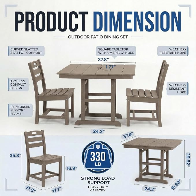 WILLIAMSPACE 37.8" Outdoor Patio Dining Set with 2 Armless Chairs, All Weather HDPE Square Dining Table with Umbrella Hole, Patio 3-Piece Bistro Set for Backyard, Balcony, Lawn, Kitchen (Brown)
