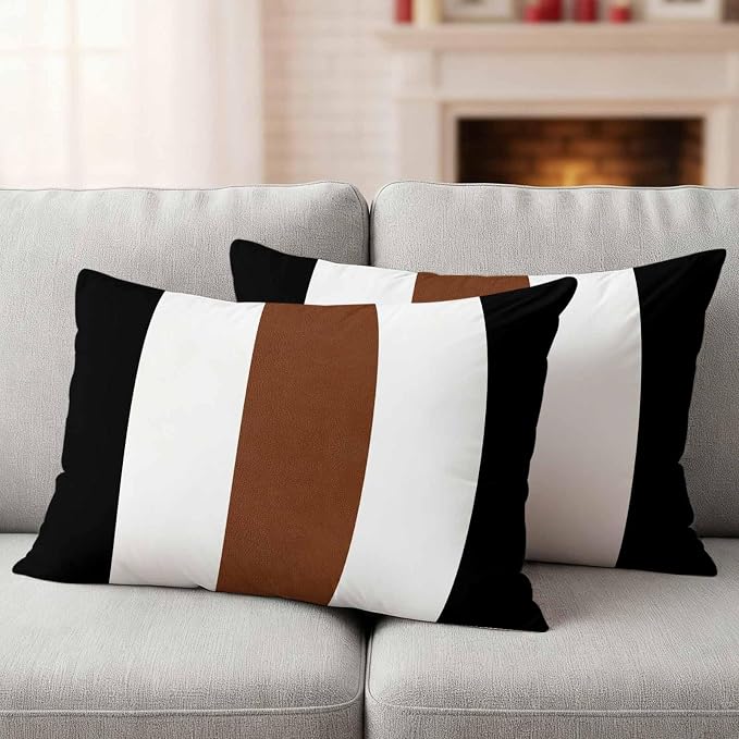 Boho Black Outdoor Waterproof Throw Pillow Covers Set of 2, 20"x12", Brown and White Striped Tribal Farmhouse Style Decorative Pillow Covers Outside Cushion Case for Patio Porch Garden