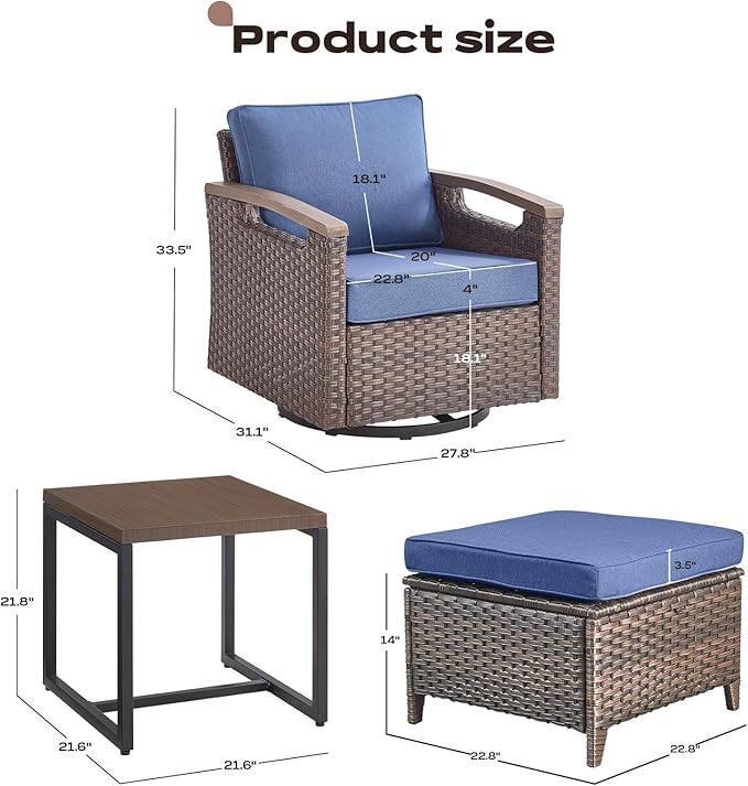 Rilyson Wicker Outdoor Patio Furniture Set - 5 Piece Patio Conversation Sets with Swivel Rocker Chairs, Ottomans and Side Table, Thick Cushions, Waterproof Wicker, for Porch Deck Brown/Blue