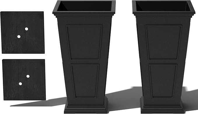 Veradek Brixton Series Tall Plastic Planter (Black, 26" H x 14.75" W x 14.75" L - 2 Pack with Shelf)
