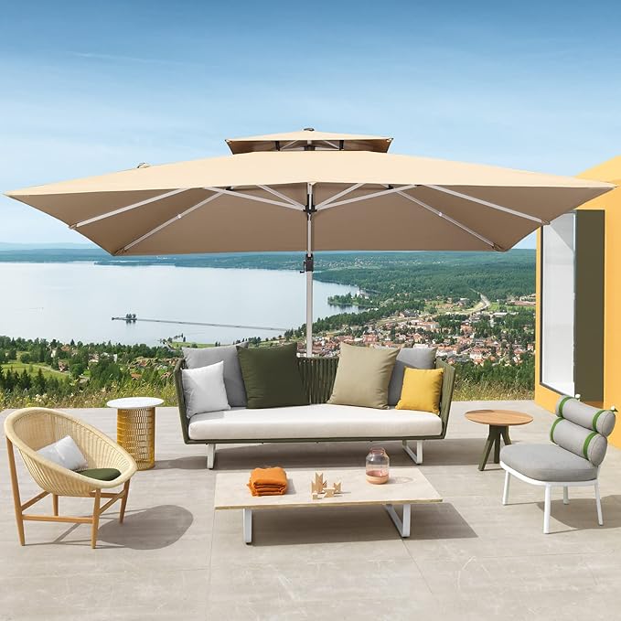 Cantilever Patio Umbrella with Cross Base and Cover Included - 360° Rotation Large Heavy Duty Offset Outdoor Umbrella with Easy Tilt for Pool Backyard Deck Garden (10x13 FT Khaki)