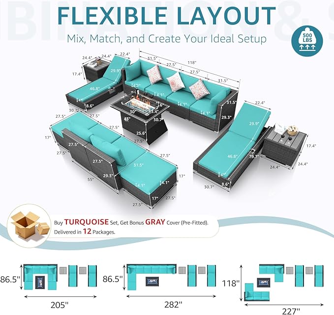 NICESOUL 13 Piece Outdoor Furniture Sets with Firepit and Lounge Chairs, Overszied Large Sectional L Shaped Patio Couch with Chaise, All Weather Wicker Texture Deck Seating Group for 10, Gray&Teal