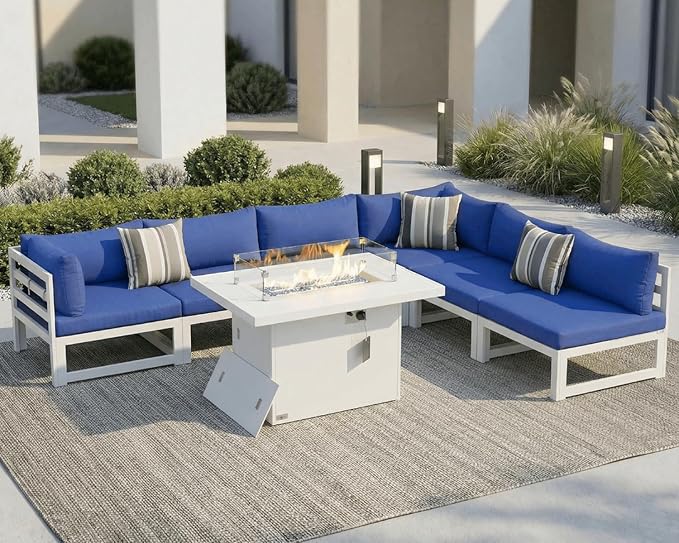 NICESOUL 6 Seat Oversized Modern Aluminum Patio Furniture Set, All Weather Rust Proof Modular Sectional Sofa with Fire Pit Table, 500 lbs Heavy Duty Comfy Outdoor Couch for Garden Backyard, Navy Blue
