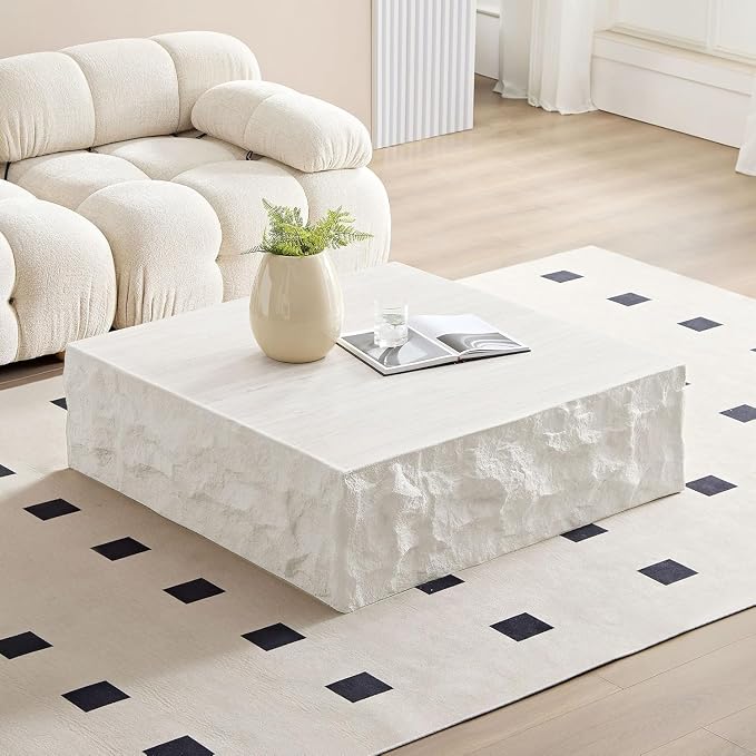 Square Coffee Table for Living Room Faux Stone Coffee Table, 35.4" Modern Low Center Tables for Apartment, No Need Assemble, Fiberglass (Travertine Concrete Pattern)