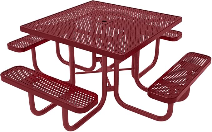COATEDOUTDOORFURNITURE Heavy-Duty Portable Outdoor Picnic Table with Umbrella Hole, Punched Steel Commercial-Grade Patio Furniture Made in America (46" Square Top, Burgundy with Burgundy Frames)