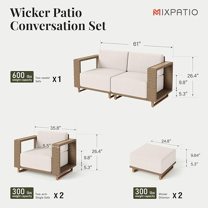 Outdoor Patio Furniture Set, 6 Piece Outdoor Rattan Wicker Couch Set, Conversation Sets with 2 Single Sofas, 2 Armchairs and 2 Ottomans for Deck Backyard Lawn