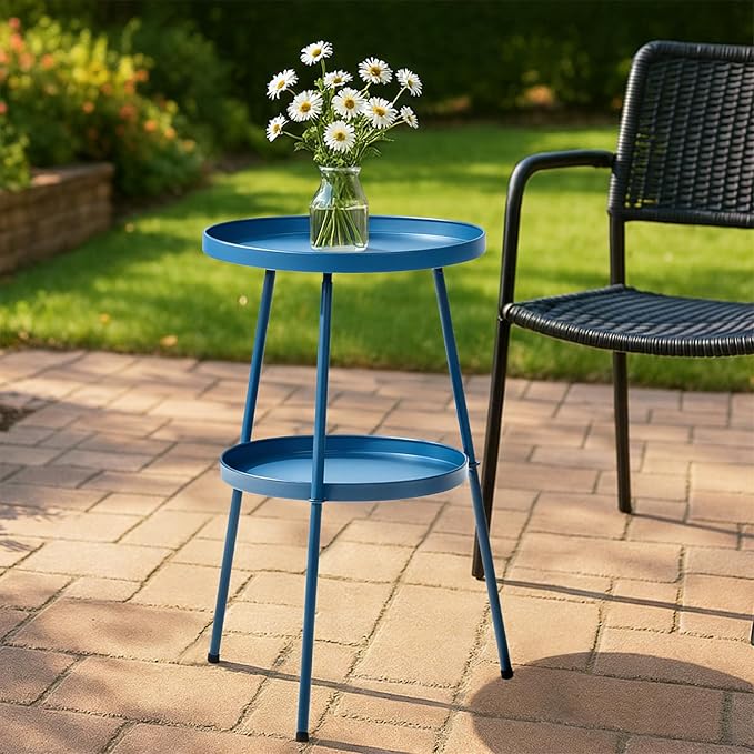 2 Tier Metal Round Side Table, Outdoor End Table for Small Spaces, Indoor Outdoor Nightstand for Living Room, Bedroom or Office (Navy)