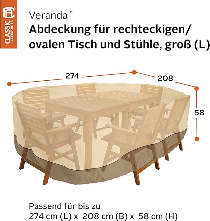 Classic Accessories Veranda Water-Resistant 108 Inch Rectangular/Oval Patio Table & Chair Set Cover, Outdoor Table Cover