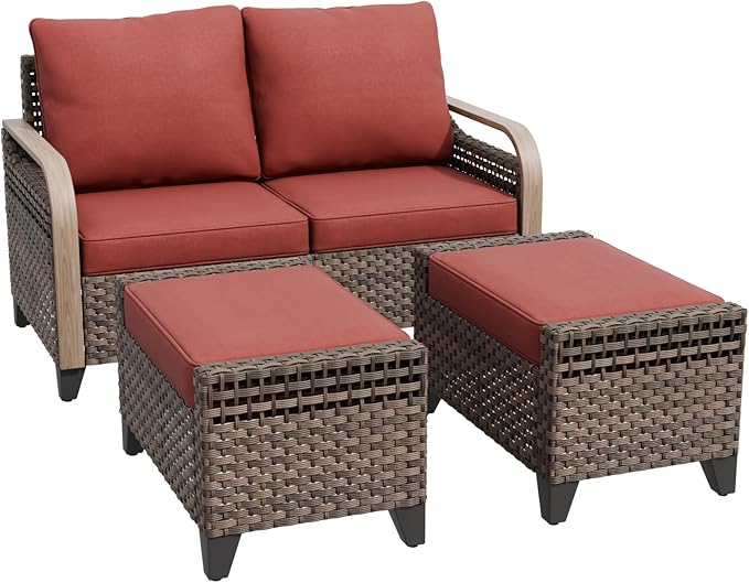 Modern Wicker Patio Furniture Set, Rattan Outdoor Conversation Set with Comfortable Cushions, 2 Seat Loveseat and 2 Ottomans, 3 Pieces, Brown/Red