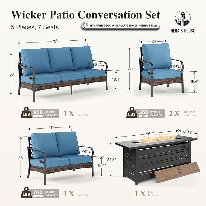 HERA'S HOUSE 5 Piece Metal Patio Furniture Set with 56" Fire Pit Table, All Weather Outdoor Conversation Set, 3 Seat Sofa with Loveseat, 2 Fixed Chairs, Seats 7 for Backyard, Garden, Deck, Navy Blue